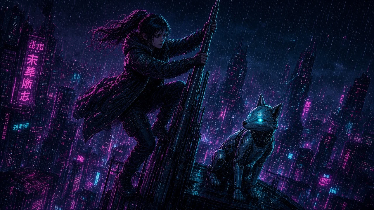 Nova and Neon climbing Knife-Edge Spire's exterior lattice above a city stuck on gray test-pattern billboards.