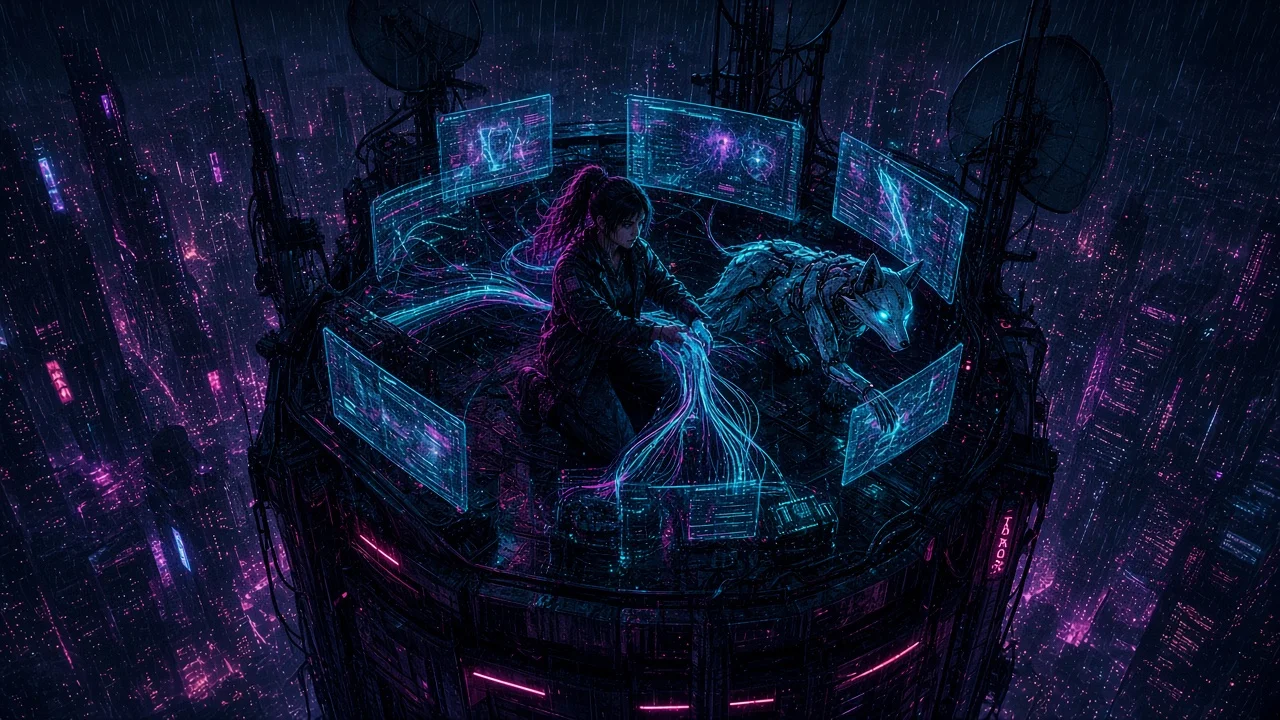 Neon EMP-barking jammer drones among antenna stubs as the pirate horn blasts Umbra-9 faces citywide.
