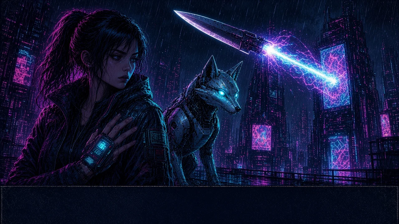 Nova teaching teens to build pocket horns in a market while Neon demonstrates precise EMP etiquette.