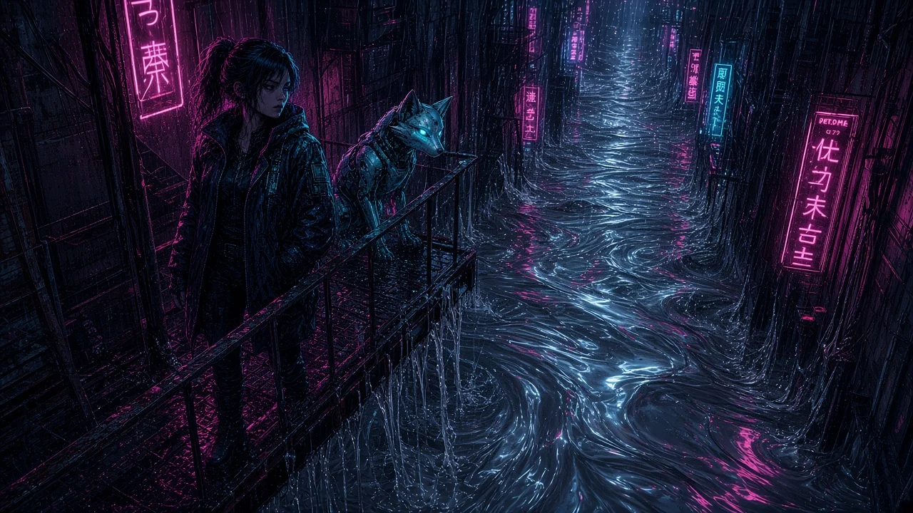 Nova and Neon on a fire escape above waist-deep chrome nanite flood dissolving Sector 7 streets.