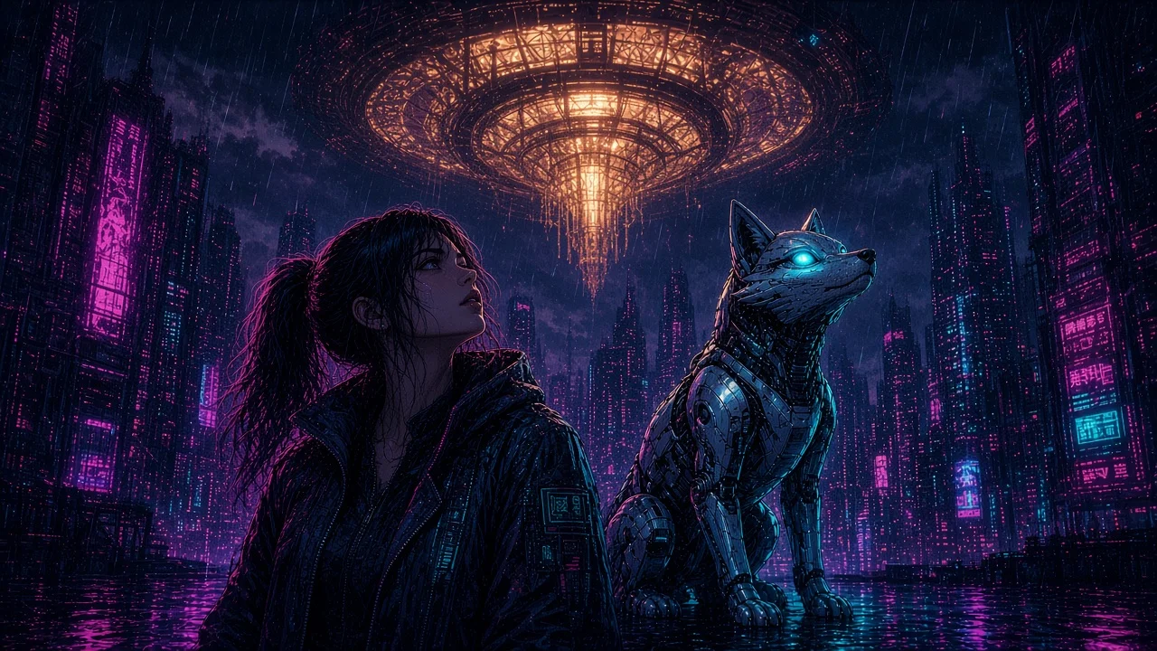 Nova and Neon on a noodle-shop roof watching advertising drones knit a reflective canopy that sips sunrise.