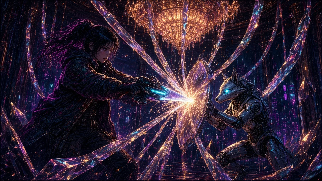 Mirror-drone chase across a skybridge while Sector 2 below receives its first true blade of morning.