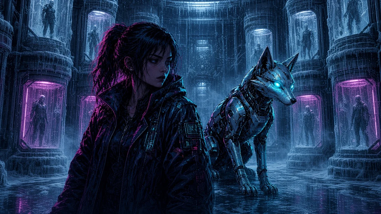 Nova and Neon in Zero Degree's mint-fog intake hall among cryo tanks and snowflake consent tablets.