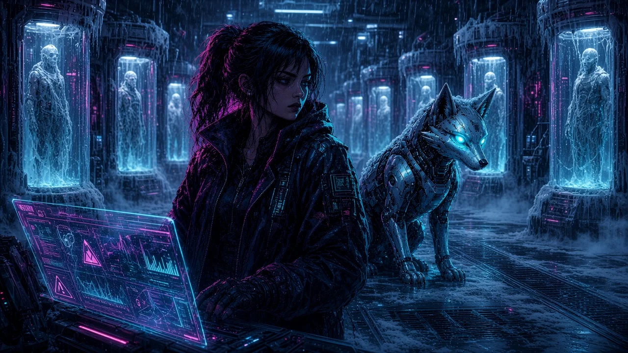 Nova jacking the COMPASSION ENGINE crystal in the subzero core while Neon drops security in the corridor.