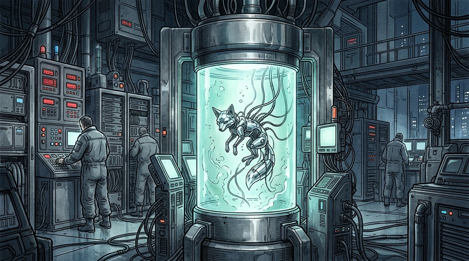Prototype 00 floating asleep in a cryogenic stasis cylinder inside the cold corporate laboratories of Aethelgard Dynamics.