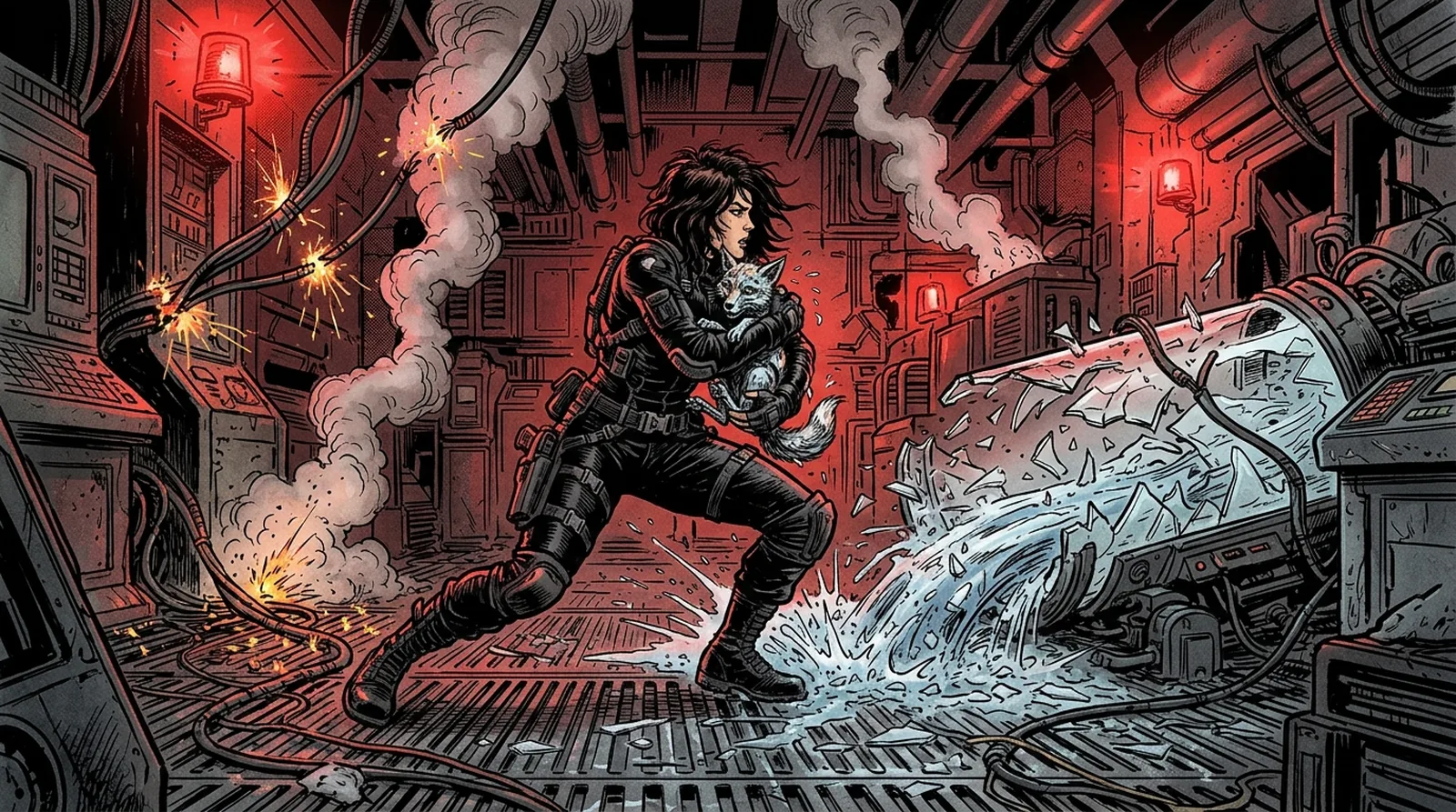 Nova smashing the stasis cylinder with a heavy prybar and catching the shivering chrome pup in her arms under flashing alarms.