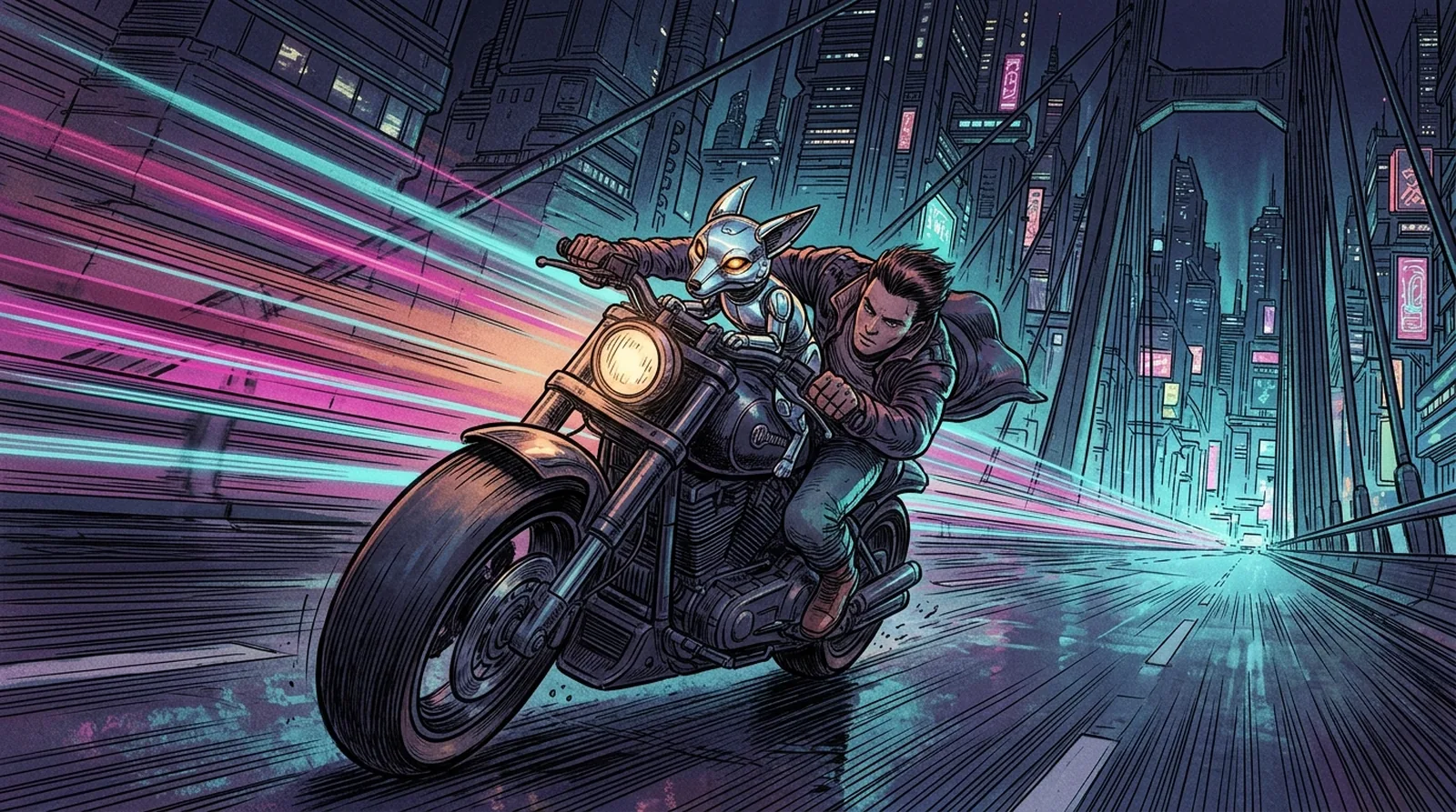 Nova and baby Neon roaring down the neon-lit Skyway bridge on a motorcycle at high speed through the rain.