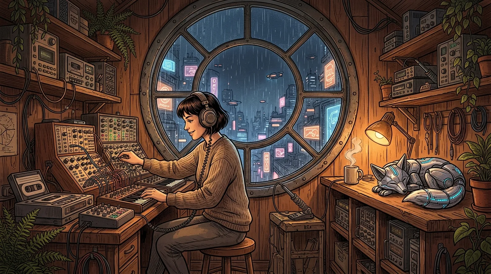 Nova in her cozy cyberpunk rooftop studio working on music while Neon sleeps peacefully on an analog synthesizer.