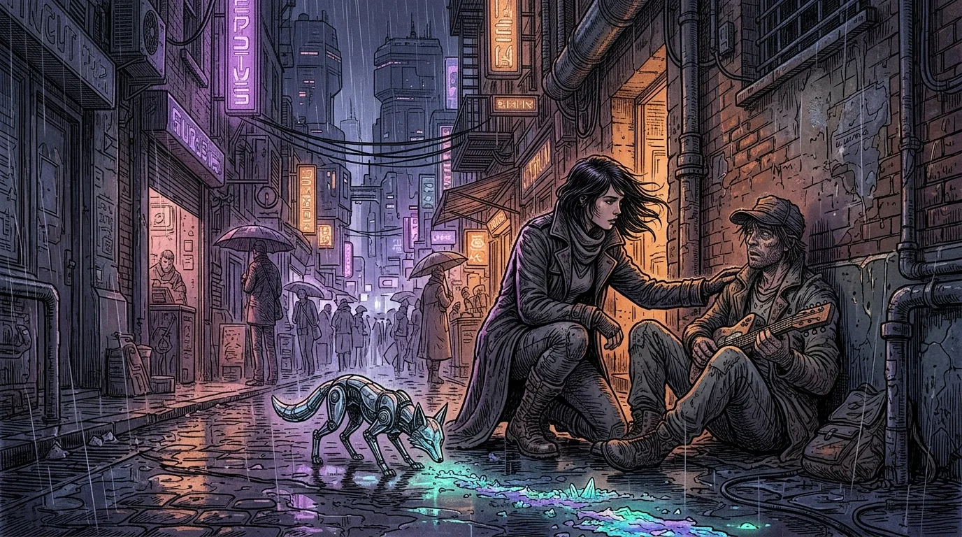 Kael and Neon in the rain-soaked alleyway of Sector 8 checking an encrypted memory core under flickering neon.