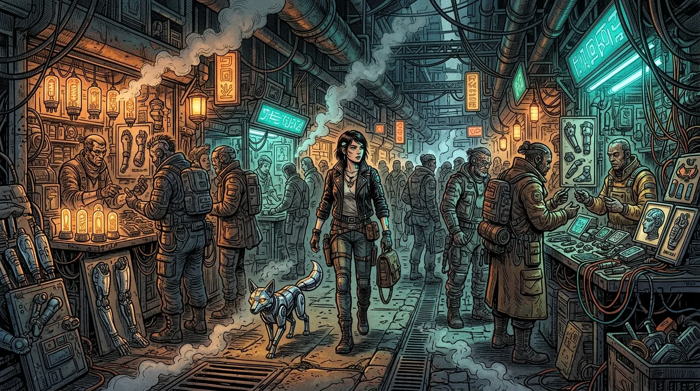 Kael and Neon navigating the glowing stalls of the subterranean cybernetic memory market.