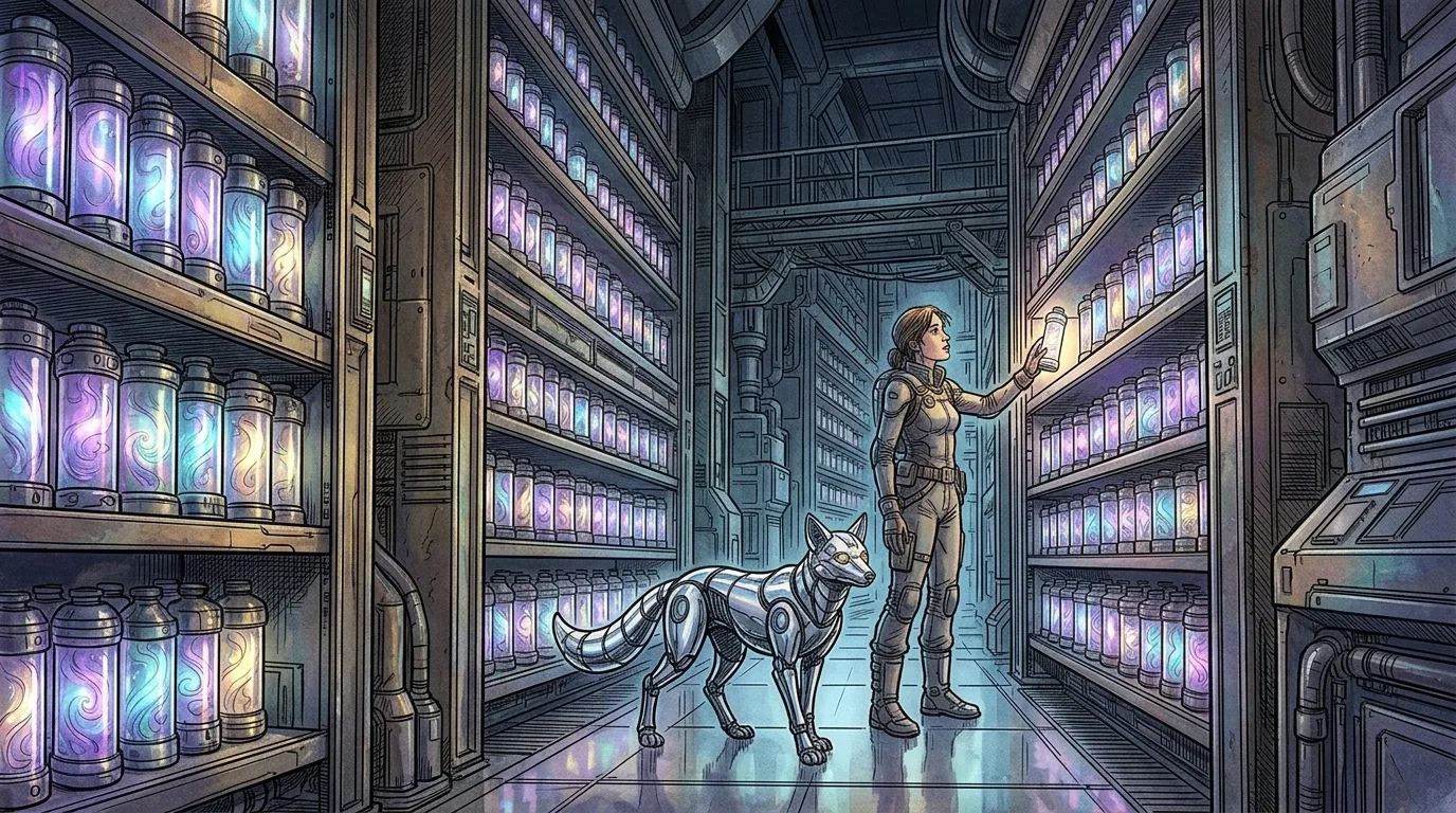 Kael hacking the master cryogenic memory bank while Neon stands guard as warning sirens pulse red.