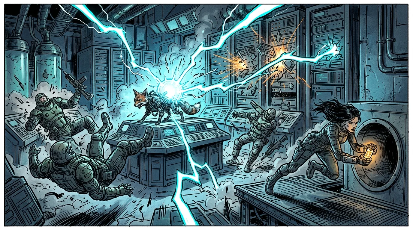 Neon leaping onto high-voltage capacitors to release a massive EMP shockwave that disables the syndicate enforcers.