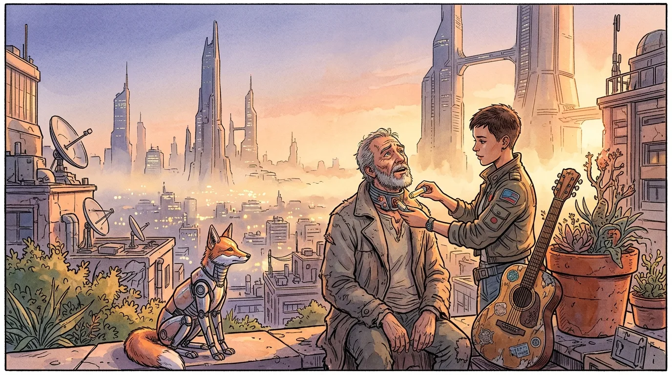 Kael and Neon standing on an observation deck at sunrise as millions of liberated memories light up the city.