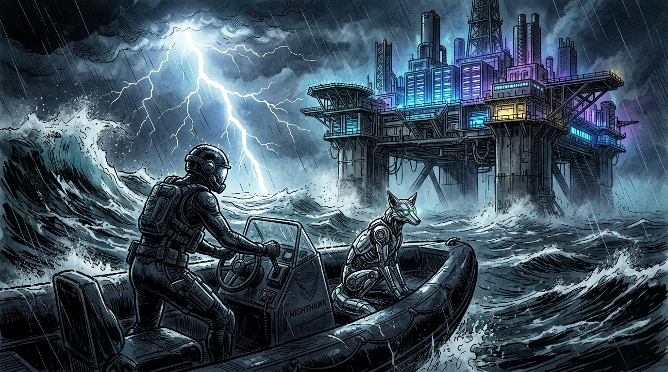 A tactical skiff approaching a massive stormy offshore cyber-drilling platform in torrential waves.