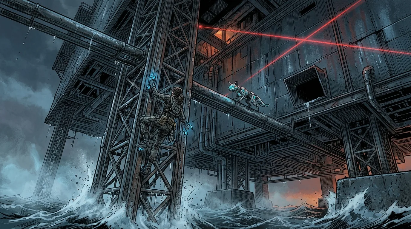 Ren and Neon scaling the exterior scaffolding of the oil platform through howling ocean winds.