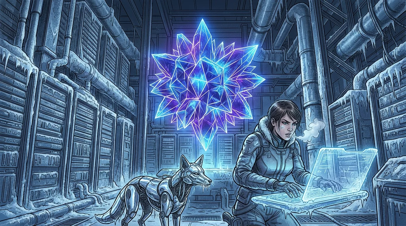 Ren hacking into the cryogenic supercomputing vault filled with swirling liquid nitrogen vapor.