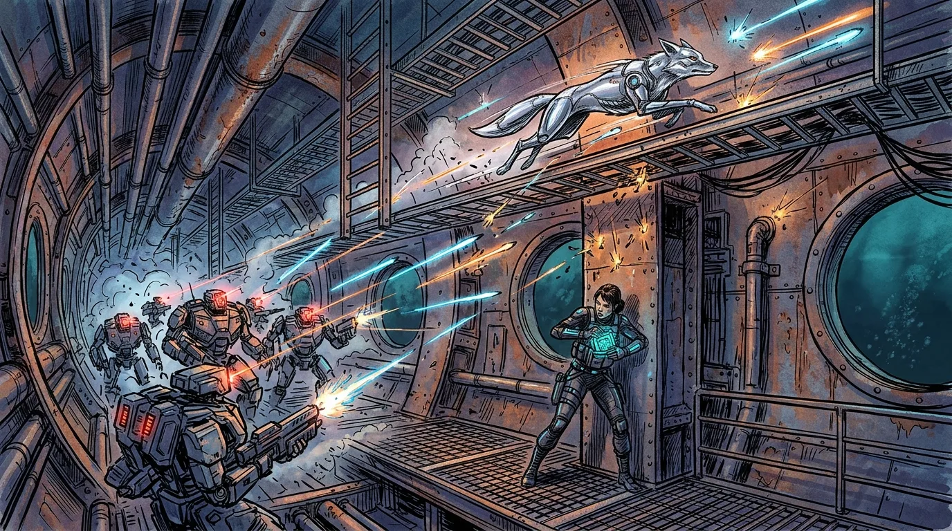 Neon triggering a high-pressure liquid nitrogen burst to blind combat drones while Ren downloads the data.