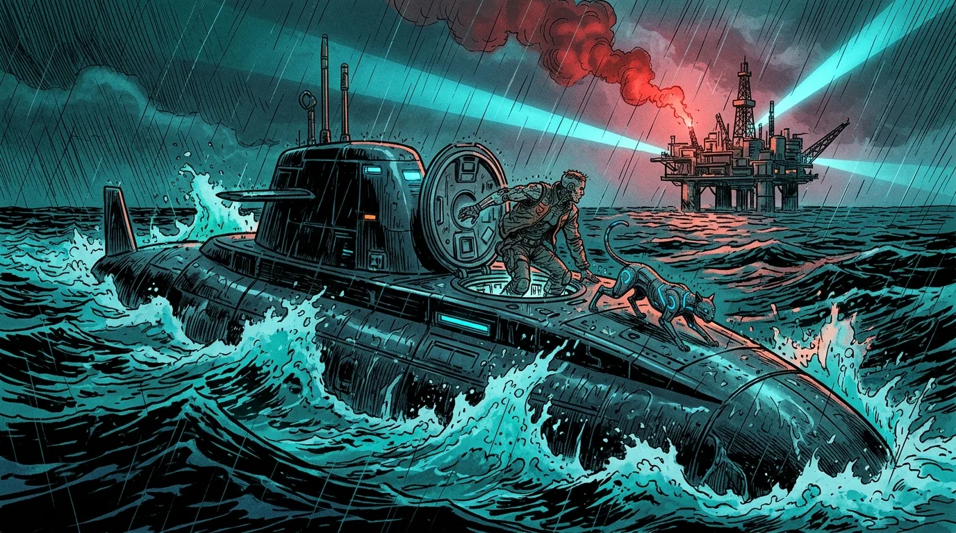 Ren and Neon boarding a stealth mini-submersible as distress flares illuminate the stormy sea.