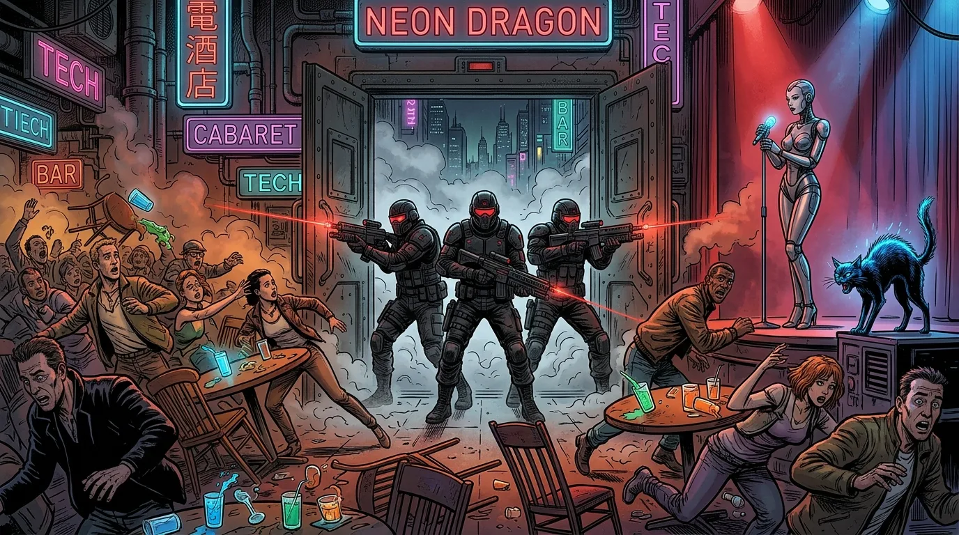 Tactical retrieval operatives kicking open the cabaret doors with laser sights as patrons scramble.