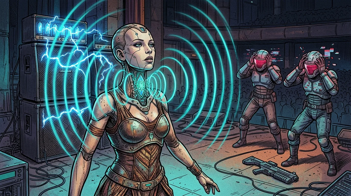 Lyra opening her throat resonator to blast enforcers with visible turquoise sound shockwaves.