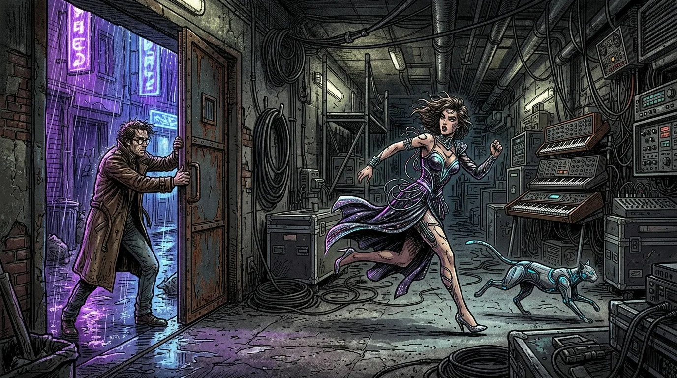 Lyra and the bionic cat running backstage past vintage synths while a loyal pianist holds the exit door.