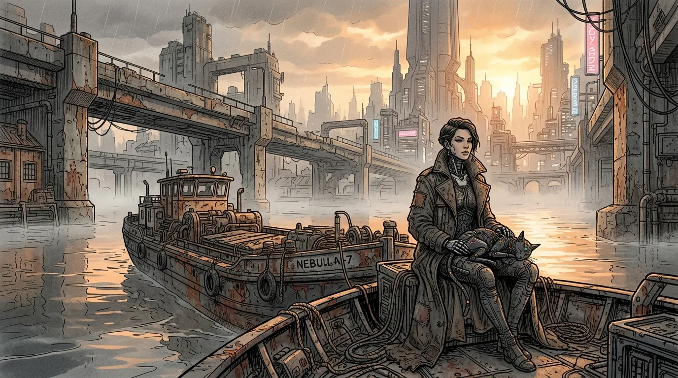 Lyra in an oversized trench coat resting on a canal barge at dawn with the bionic cat sleeping in her lap.