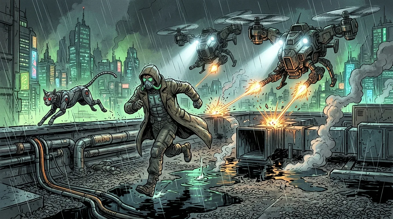Military octocopter drones firing tracer rounds across a wet rooftop as Kael and Neon sprint for cover.