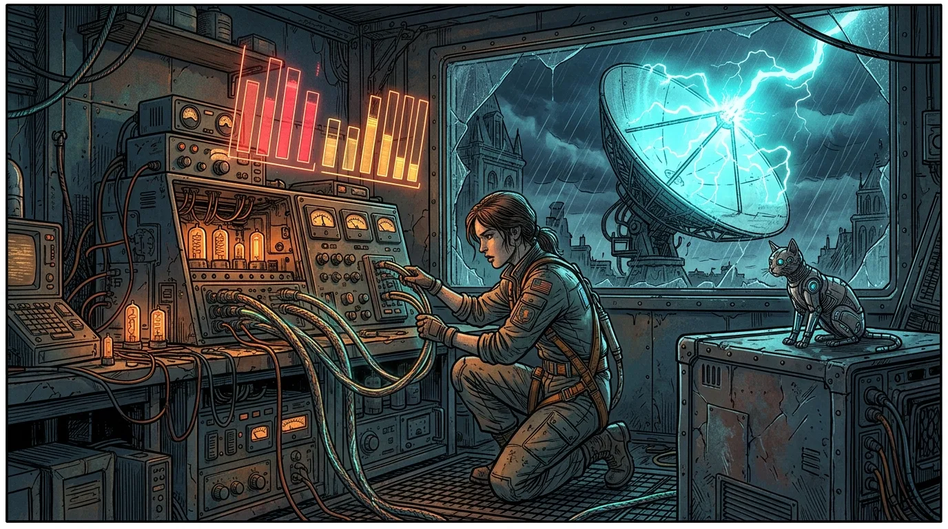 Patching the data into an old radio dish that crackles with blue electrical discharges into the sky.