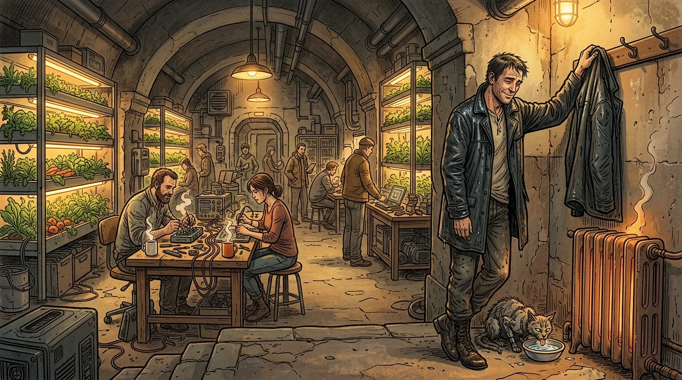 A warm underground resistance bunker with hydroponic racks, hot tea, and safety from the acid storm.
