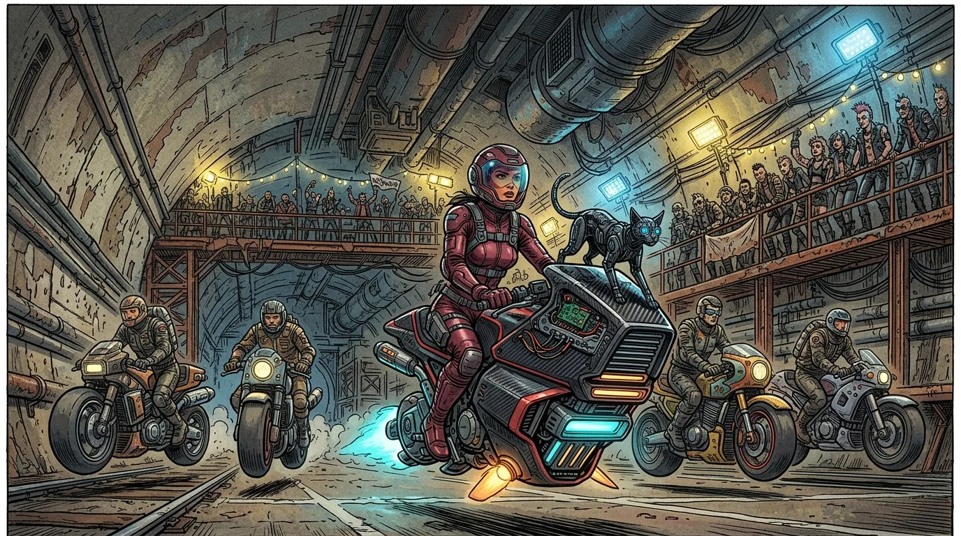 Five outlaw hoverbikes hovering at the starting line of a massive concrete subway tunnel.