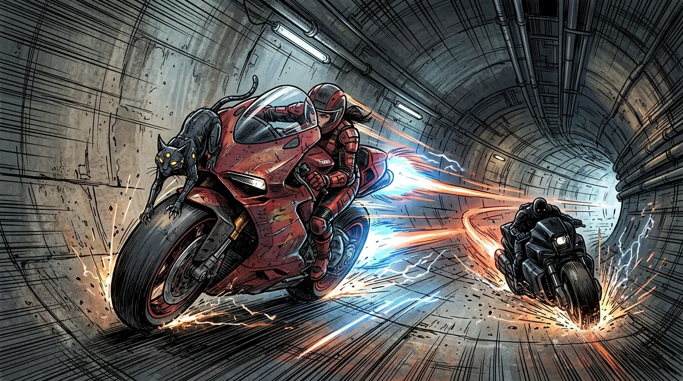 Mira riding her red hoverbike at a 70-degree angle along the curved tunnel wall at high speed.