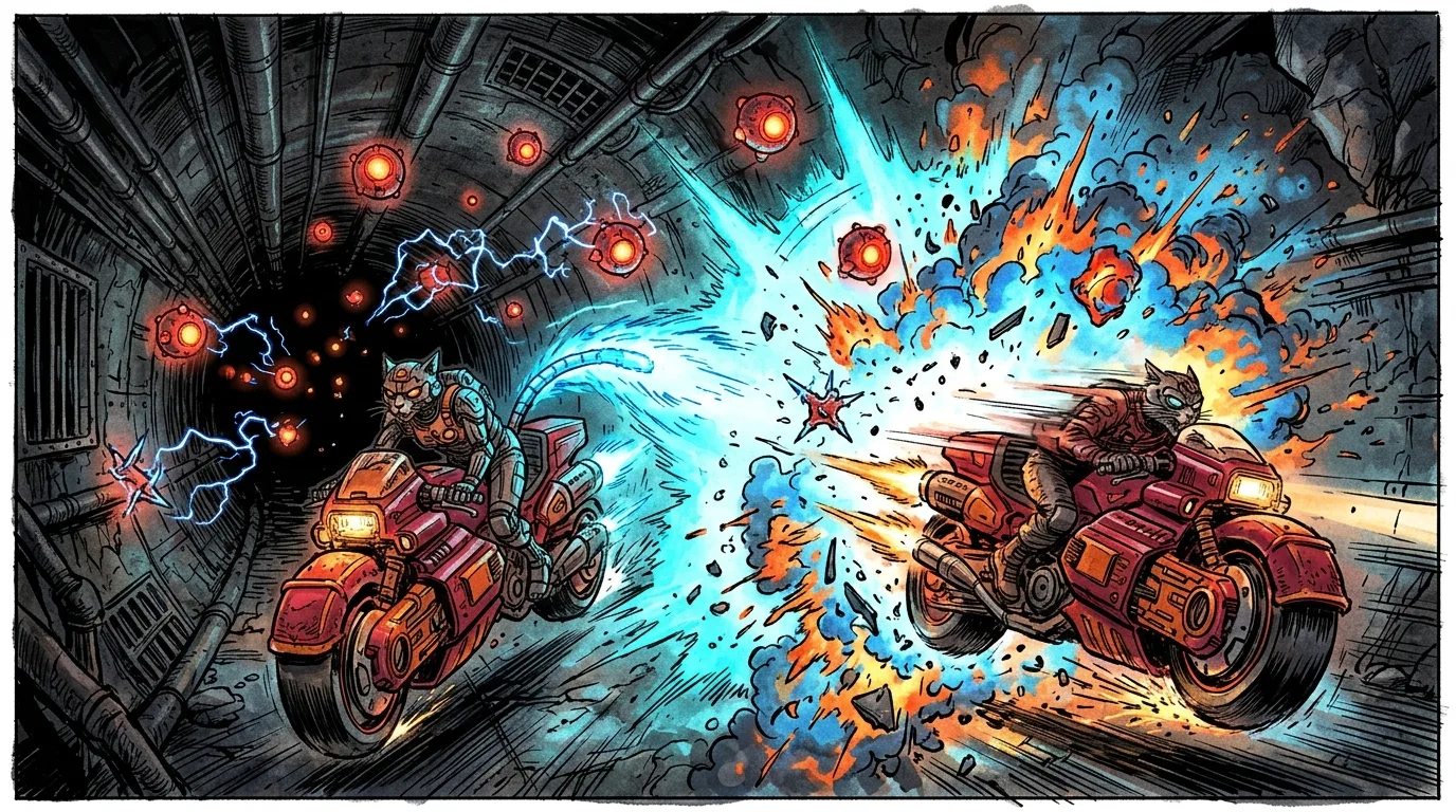 Neon unleashing a cyan EMP blast to detonate floating plasma caltrops ahead of the speeding bike.