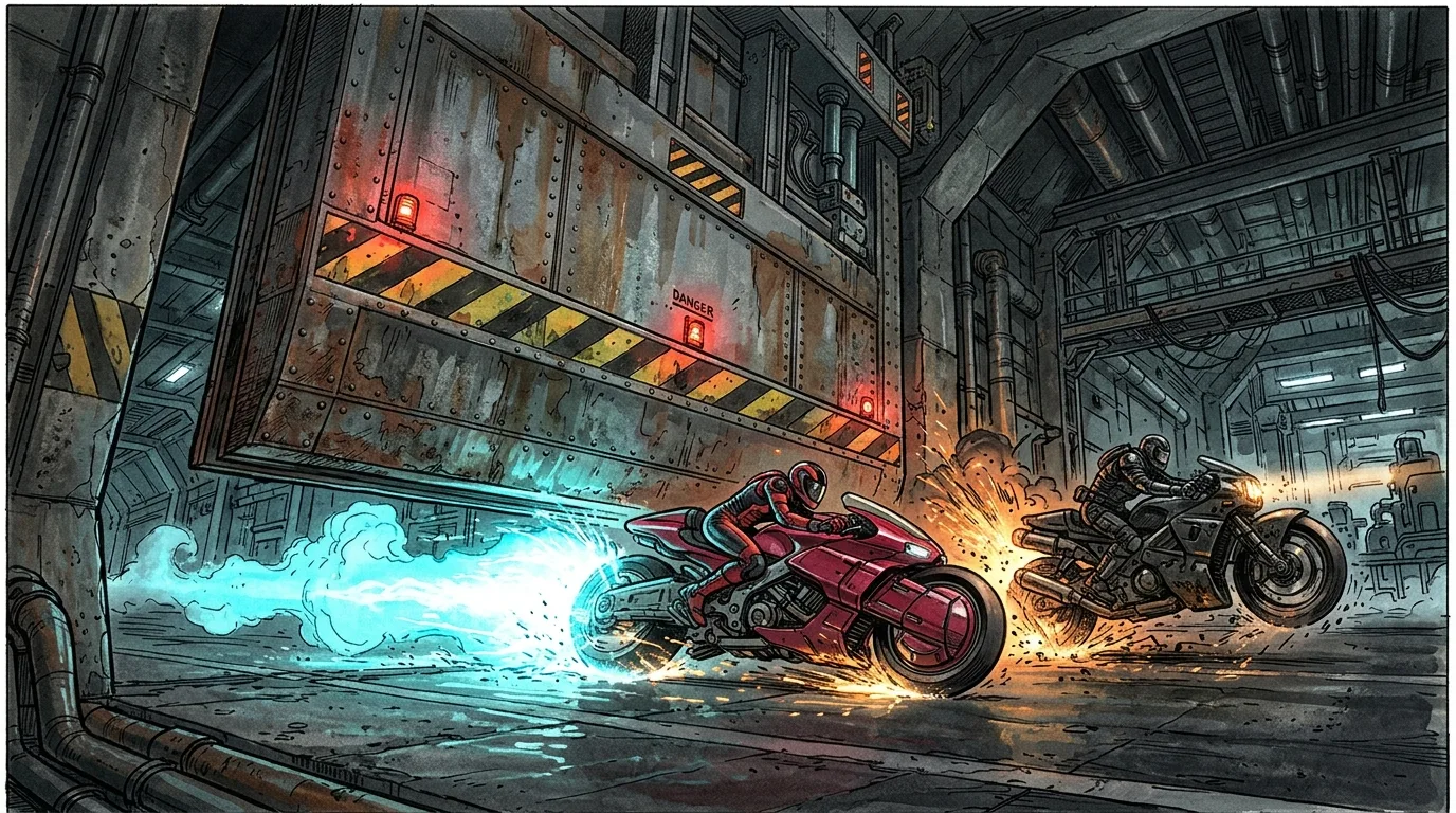 The red hoverbike sliding under a closing heavy blast door to take the lead in a shower of sparks.