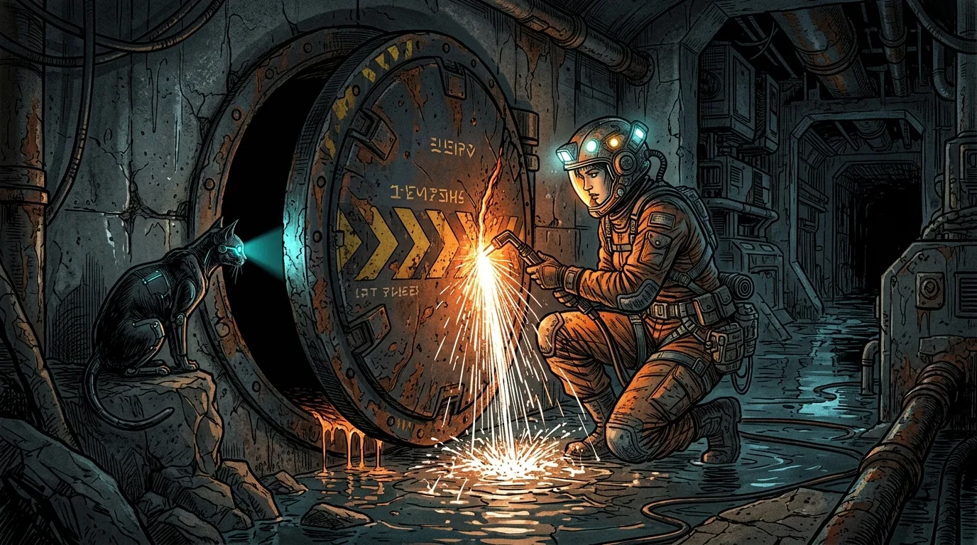 Elena cutting through a massive circular titanium blast door with a sizzling plasma torch.