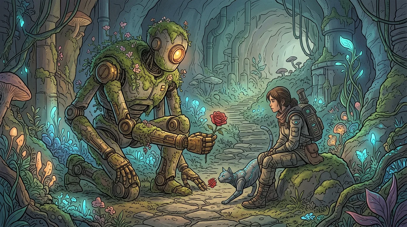 A gentle antique four-armed robot kneeling in a mossy glade, offering a fresh red rose to Elena.