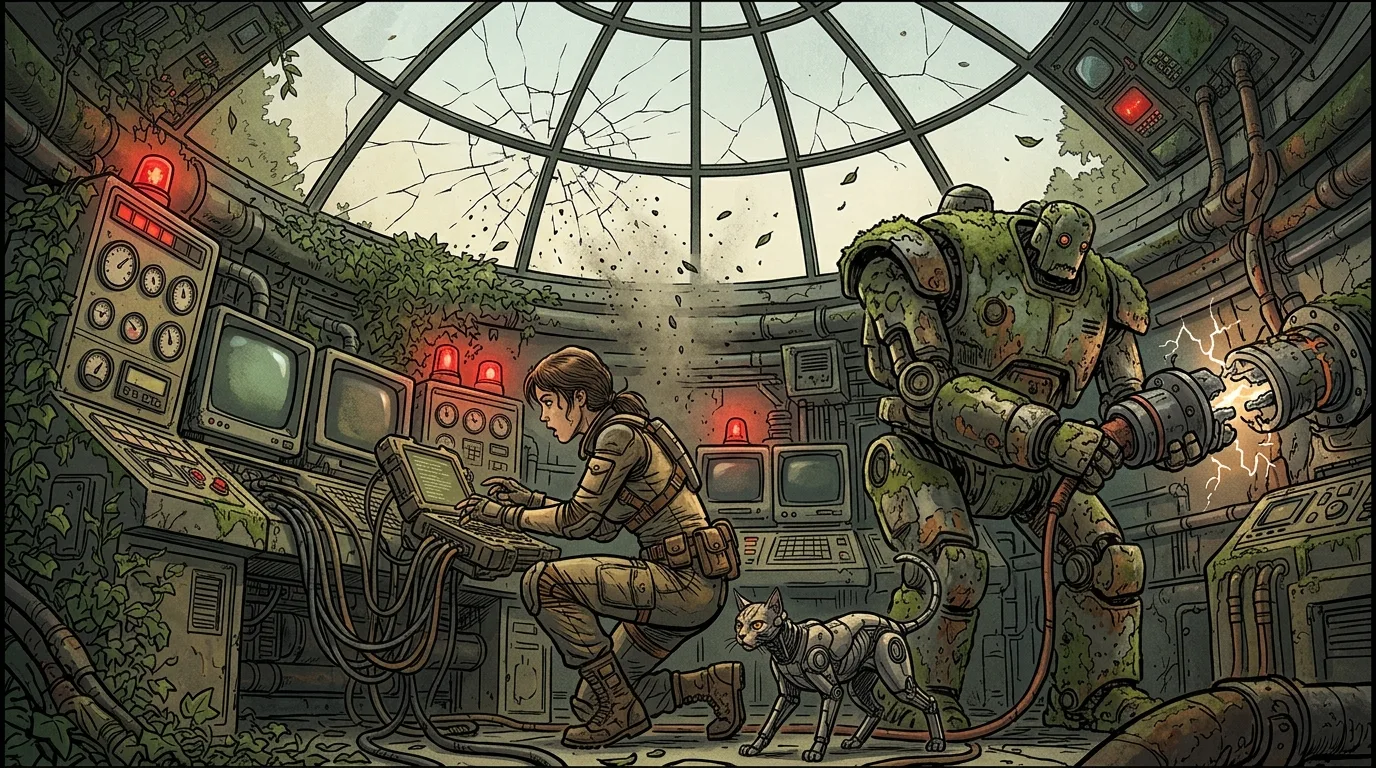 Cracks spreading across the geodesic glass dome as Elena hacks the terminal and the robot braces cables.