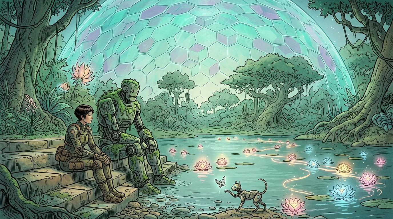 Elena and the automaton sitting peacefully by the lake beneath a shimmering turquoise protective energy dome.