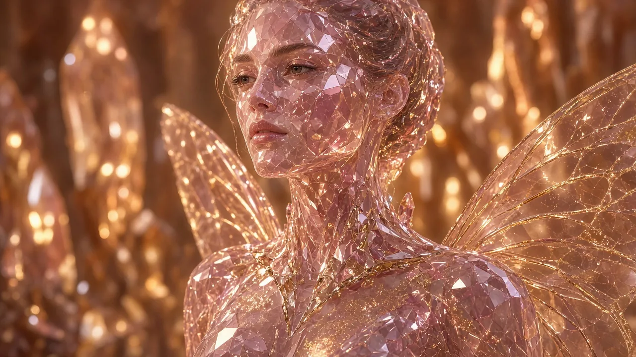 Adult crystalline alien woman Amaryllis-7 with faceted rose skin, pollen, and translucent wing membranes