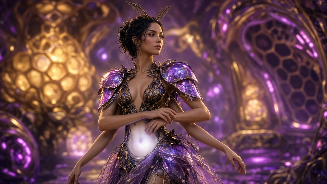 Adult four-armed hive woman Nyxara with antennae, violet chitin, and a luminous abdomen