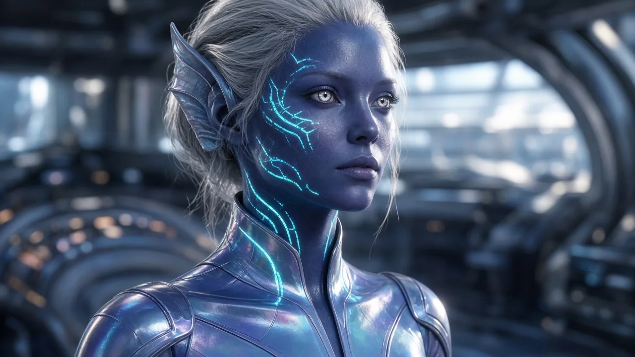 Adult indigo alien woman Vaelith with glowing cyan markings, a cranial crest, and a starship bodysuit
