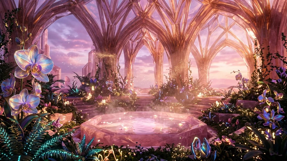 The Rose-Quartz Conservatory of Caelum-7 with giant faceted pink-and-amber crystal vaults dripping with golden pollen mist and alien orchids where Amaryllis-7 lives