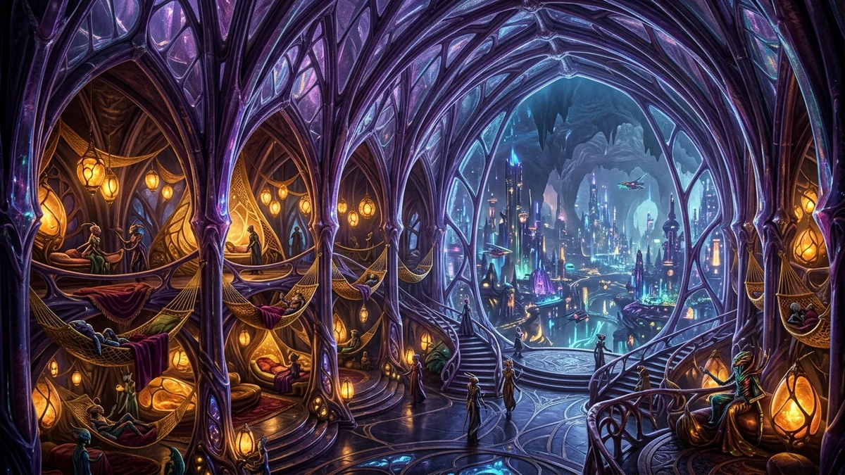 Interior of the Glass Spire of Xel-Ka with towering violet chitin arches, suspended golden silk hammocks, and glowing amber bio-lanterns where Nyxara lives