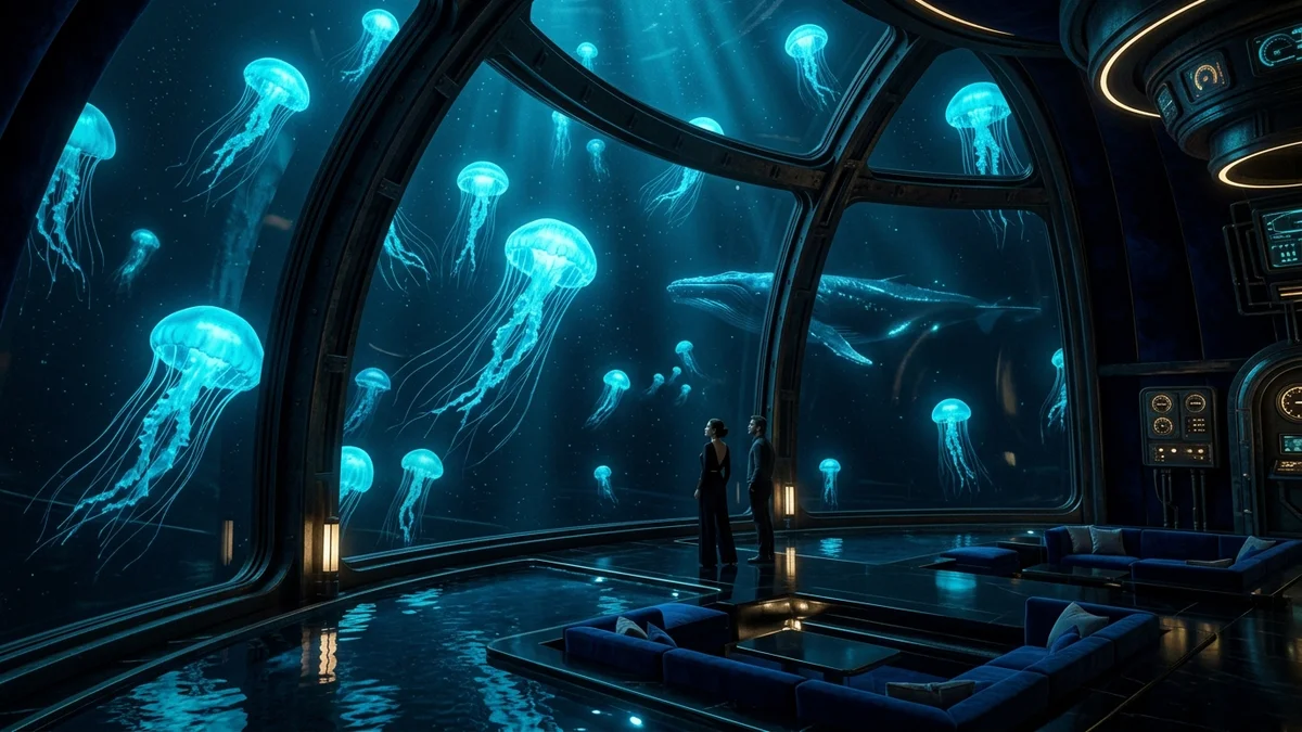 Pressurized benthic crystal dome at 9,000 meters in the Pelorian Abyssal Trench with glowing cyan deep-sea medusae outside and dark velvet water-terrace inside