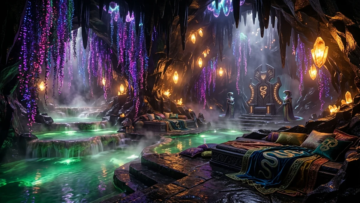 Subterranean geothermal obsidian cavern on jungle moon Virek-4 with steaming emerald mineral pools and glowing violet vines where Sszira lives
