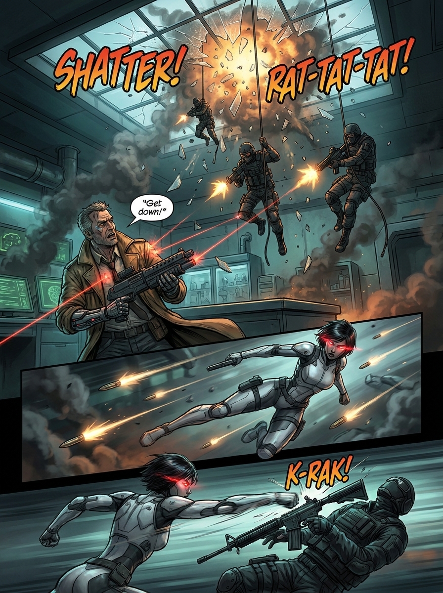 The Synthetic Heartbeat - Comic Page 5 - Gunfight Across Neon Balconies
