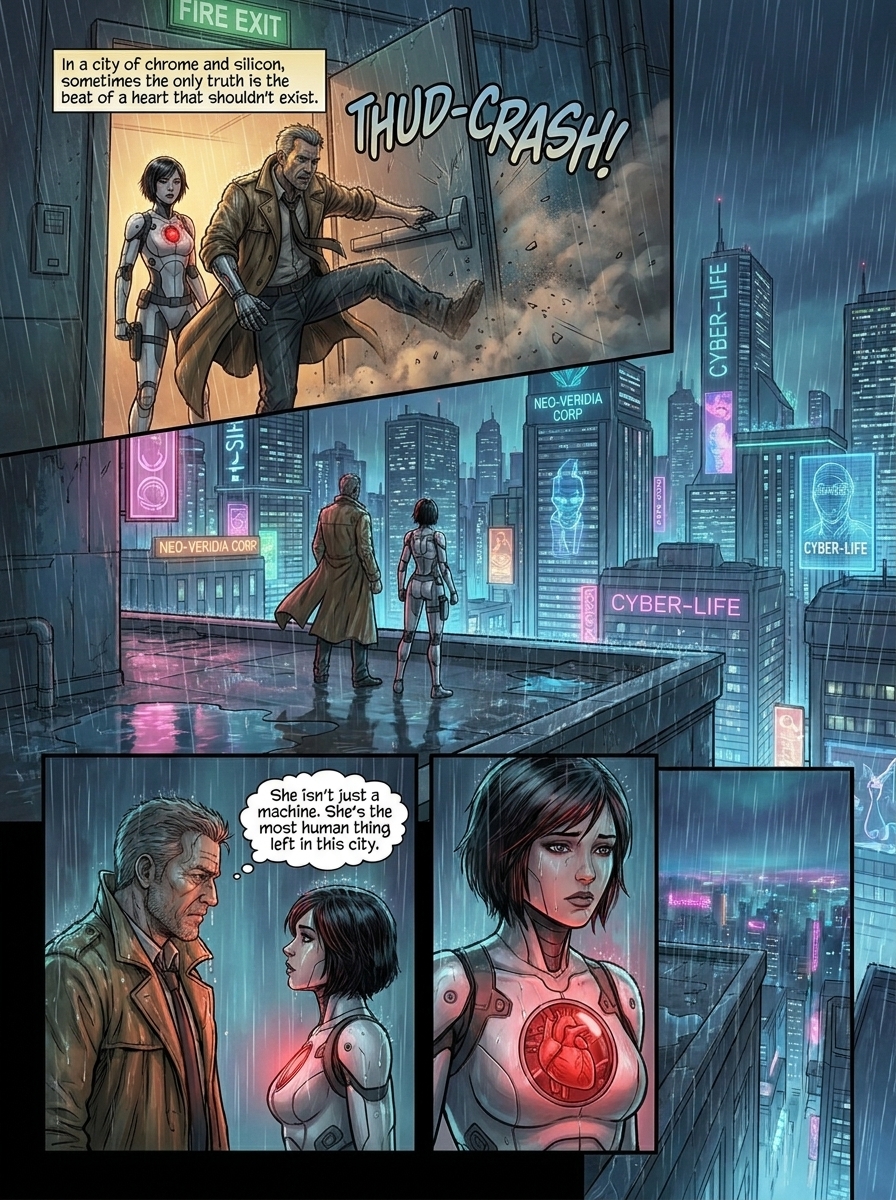 The Synthetic Heartbeat - Comic Page 6 - Escape into the Low-Rain Trench