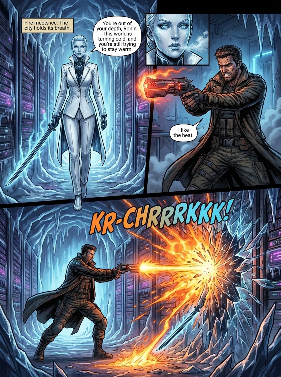 Black Ice Syndicate - Comic Page 3 - Plasma Flash and Cryo-Blade Clashes