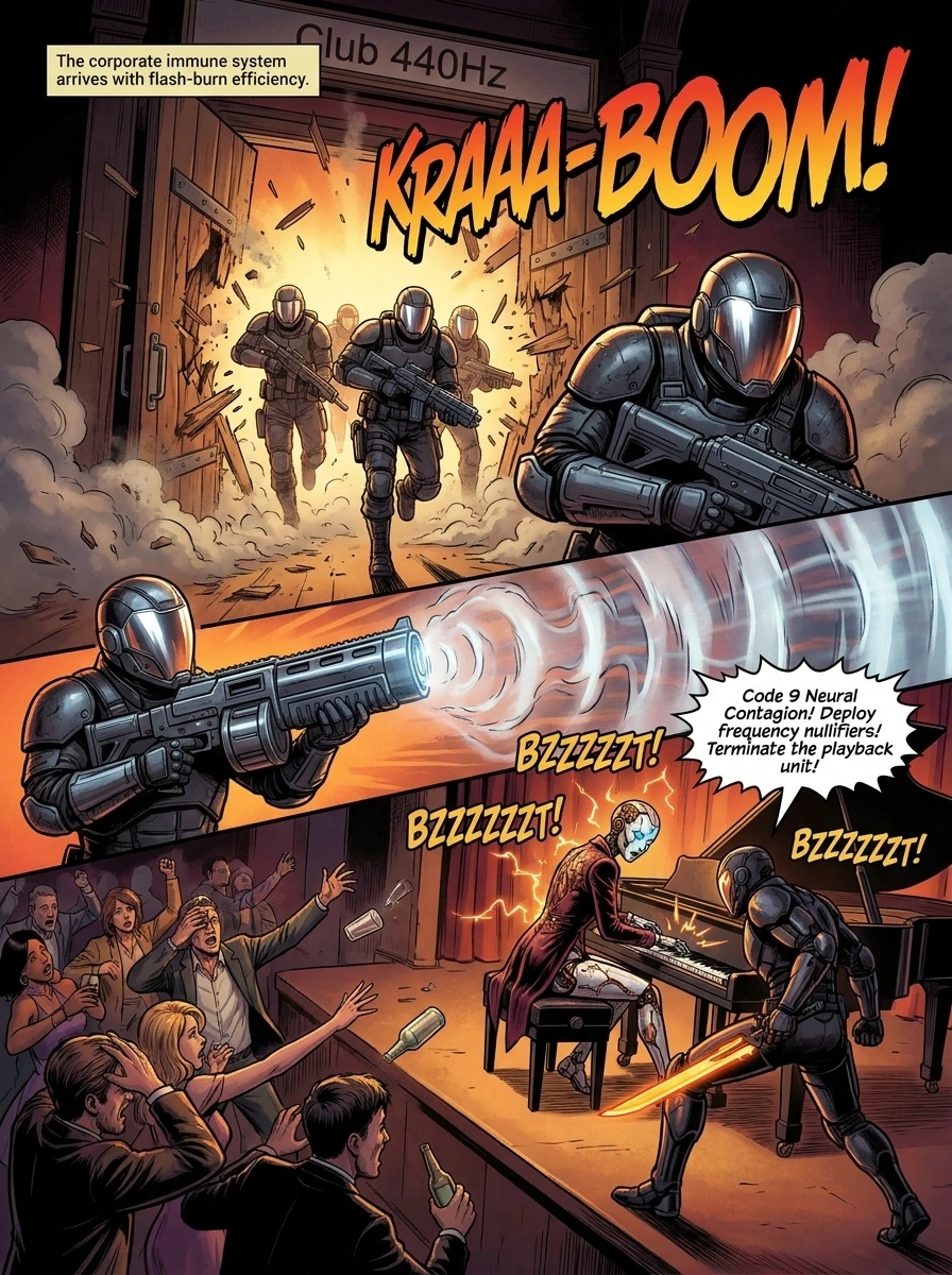Sub-Zero Sonata - Comic Page 4 - Corporate Nullifiers breach the speakeasy