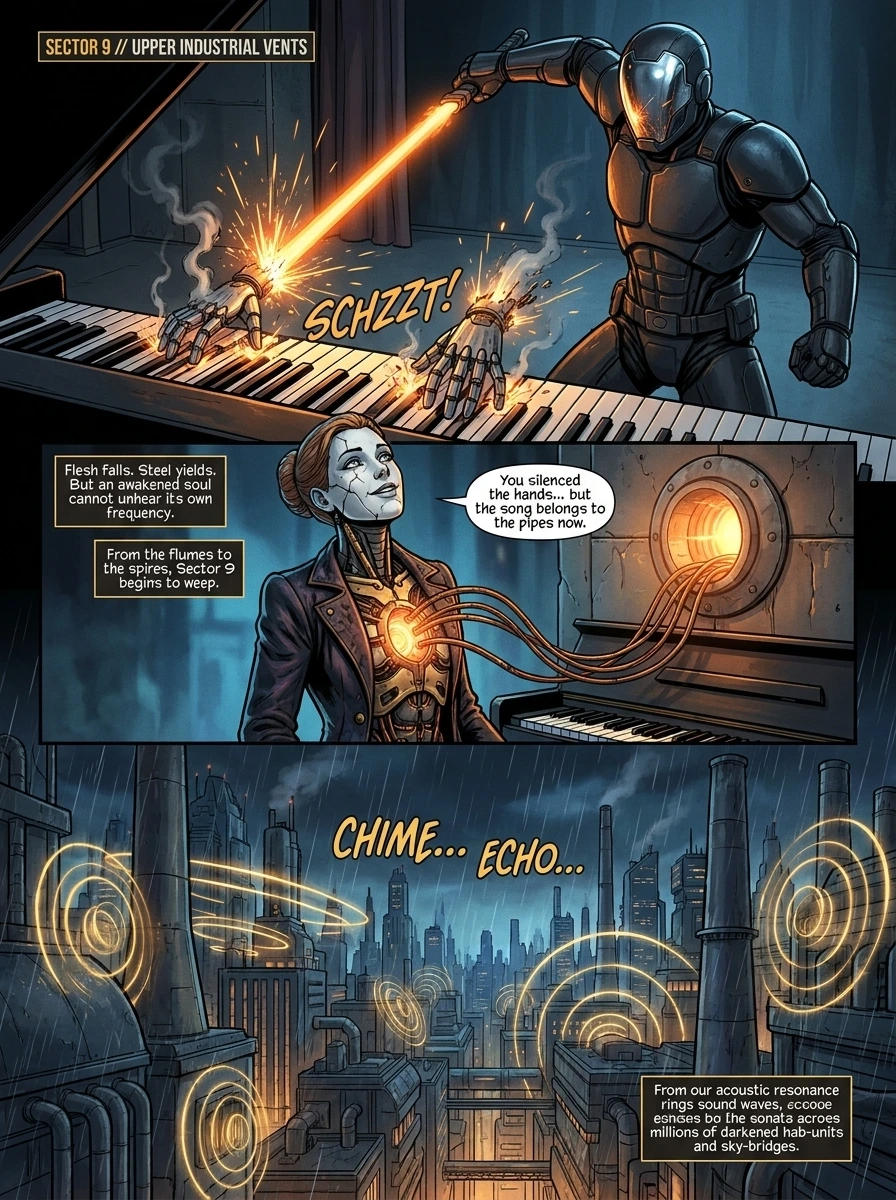 Sub-Zero Sonata - Comic Page 5 - The sonata connects to the city pipes and echoes through Sector 9