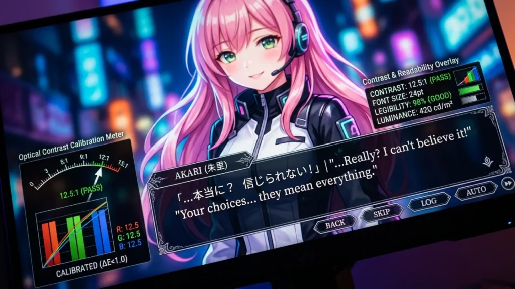 A visual-novel text check: font size, contrast and reading distance